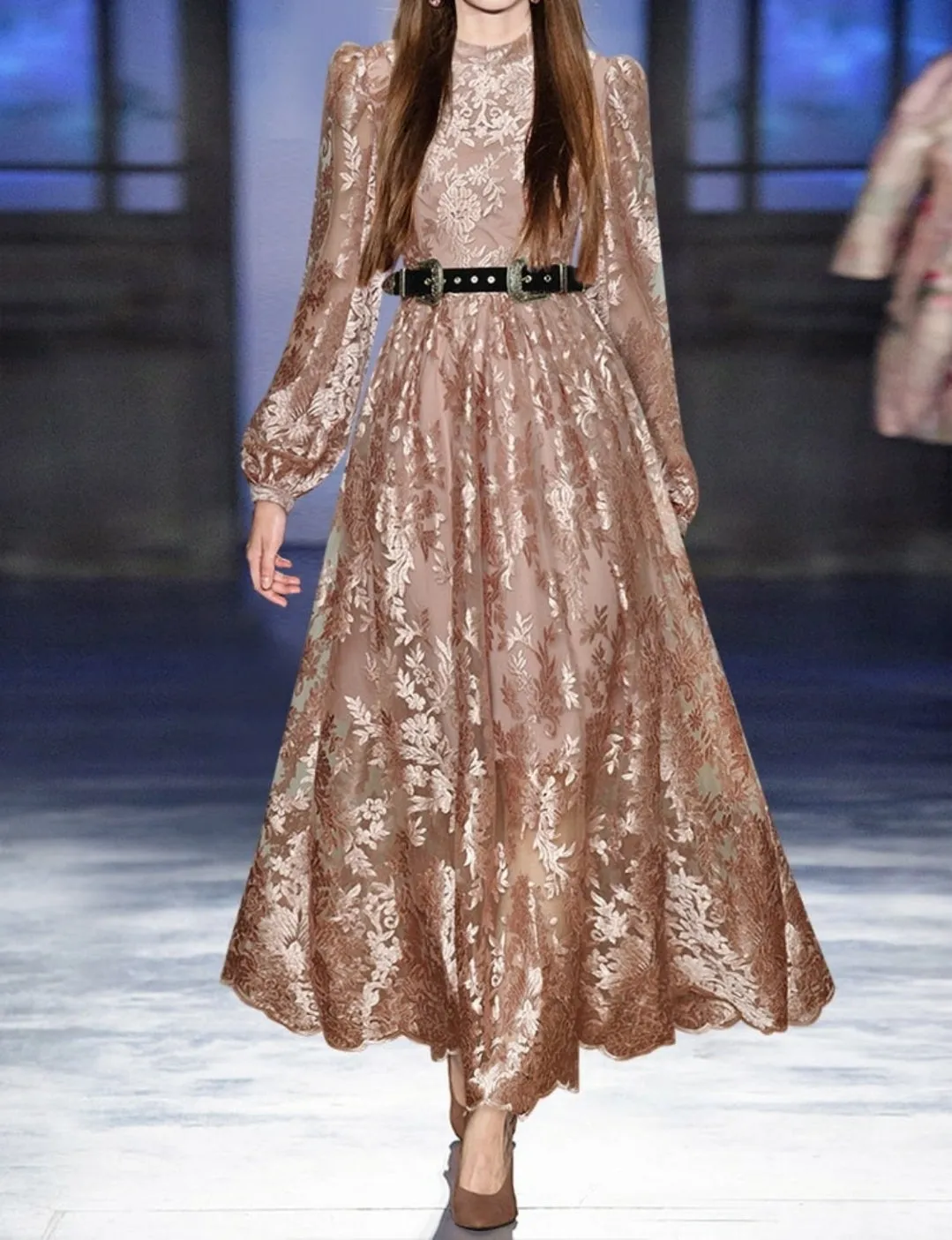 Amara Lantern Sleeve Sashes Floral Embroidery Vintage  Dress