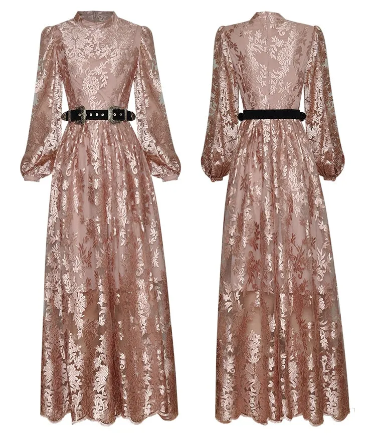 Amara Lantern Sleeve Sashes Floral Embroidery Vintage  Dress