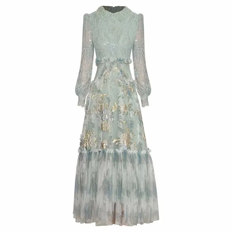 Amelia Beading Sequins Lantern Sleeve Lace Patchwork Jacquard Vintage Dress