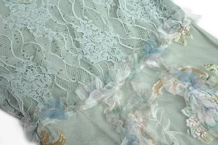 Amelia Beading Sequins Lantern Sleeve Lace Patchwork Jacquard Vintage Dress