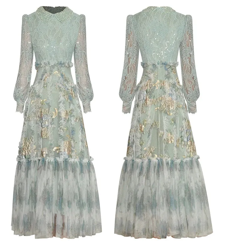 Amelia Beading Sequins Lantern Sleeve Lace Patchwork Jacquard Vintage Dress