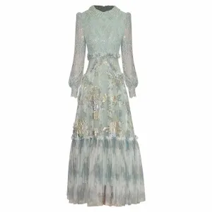 Amelia Beading Sequins Lantern Sleeve Lace Patchwork Jacquard Vintage Dress