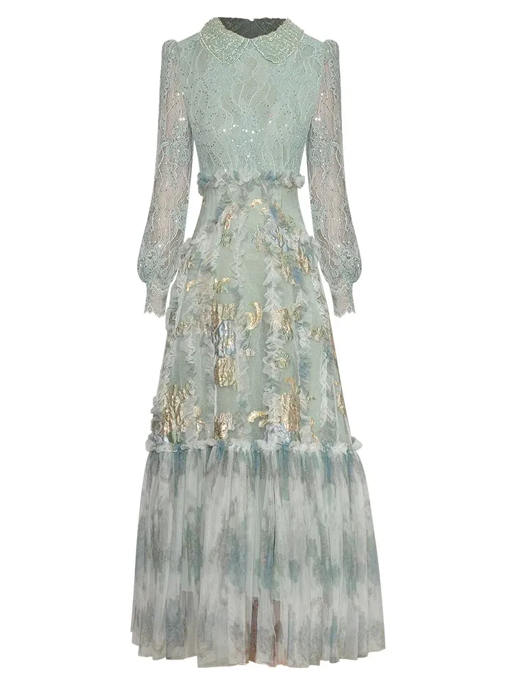 Amelia Beading Sequins Lantern Sleeve Lace Patchwork Jacquard Vintage Dress