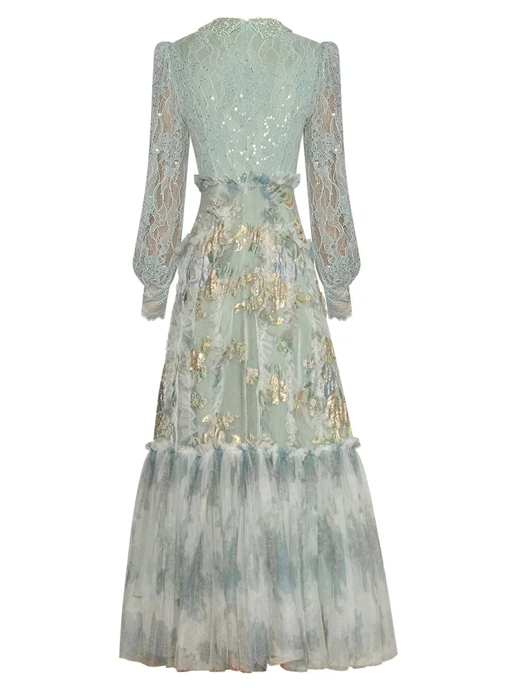 Amelia Beading Sequins Lantern Sleeve Lace Patchwork Jacquard Vintage Dress