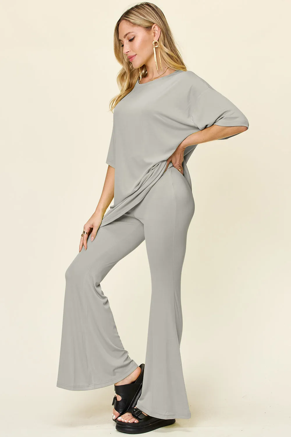 Ames Full Size Round Neck Drop Shoulder T-Shirt and Flare Pants Set