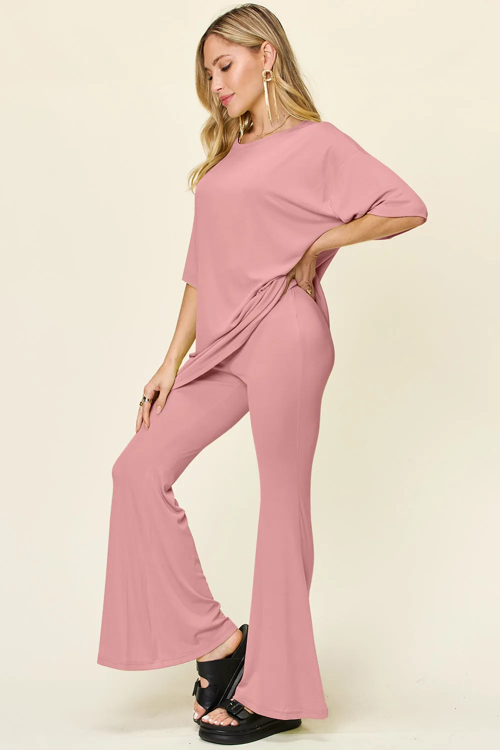 Ames Full Size Round Neck Drop Shoulder T-Shirt and Flare Pants Set