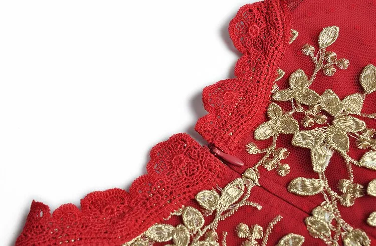 Anna Mesh Dress V-Neck Gold Thread Flowers Embroidery Vintage Party Long Dress