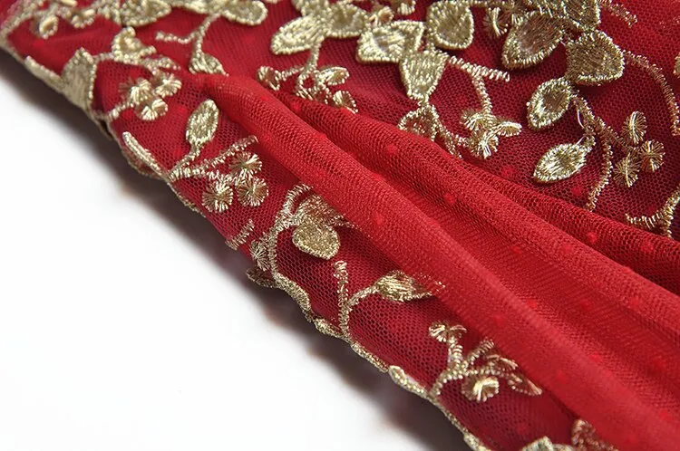 Anna Mesh Dress V-Neck Gold Thread Flowers Embroidery Vintage Party Long Dress