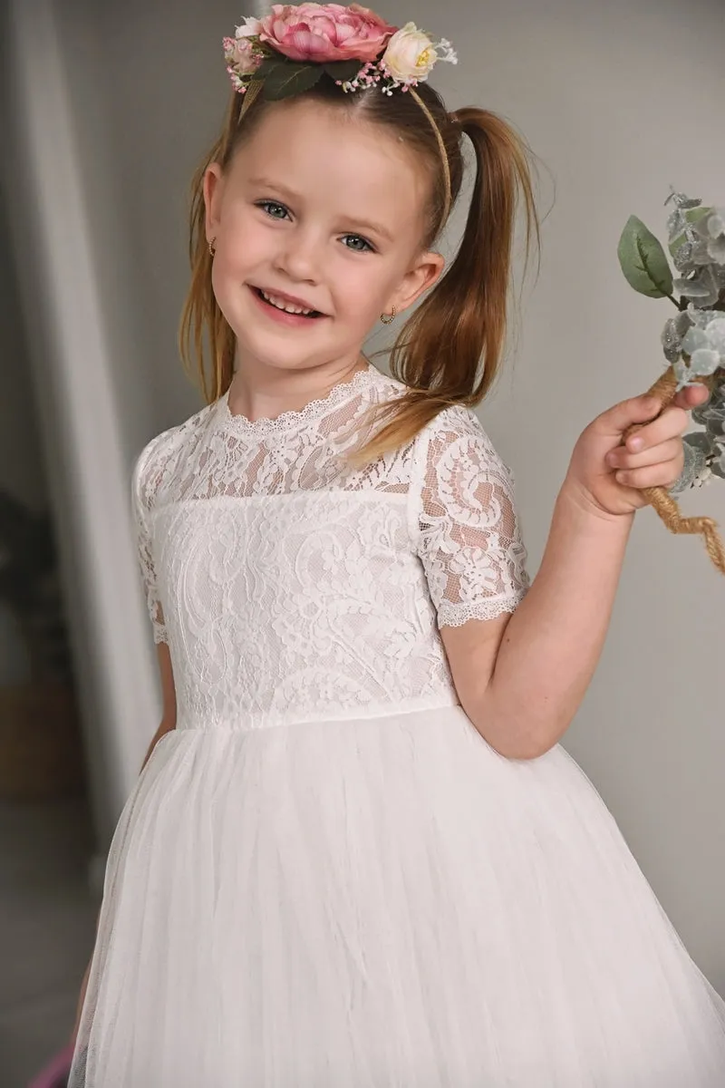 Annalise Girls White Short Sleeve Dress