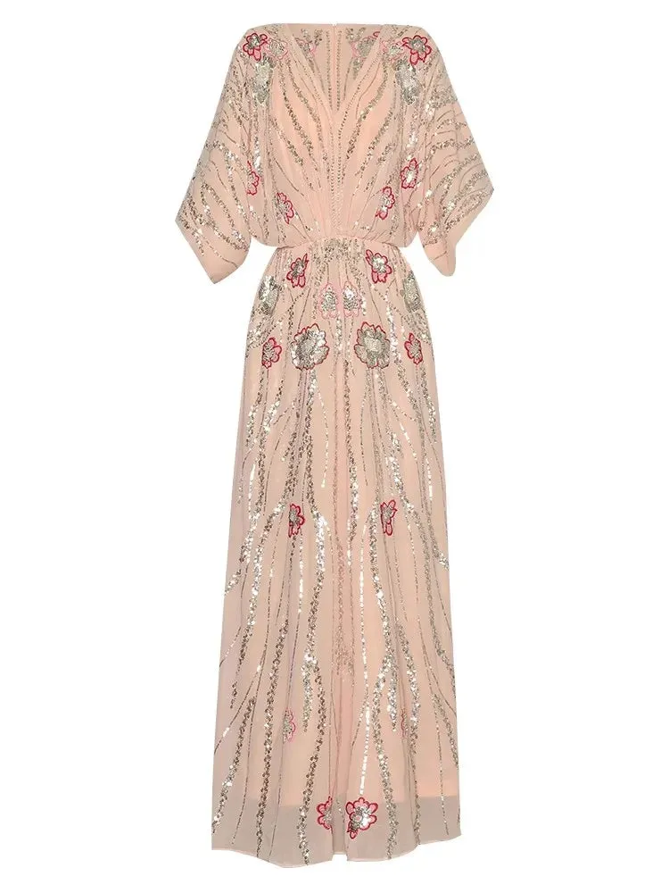 Antonella V-Neck Batwing Sleeve Sequins Embroidery Beading Vintage Evening Dress