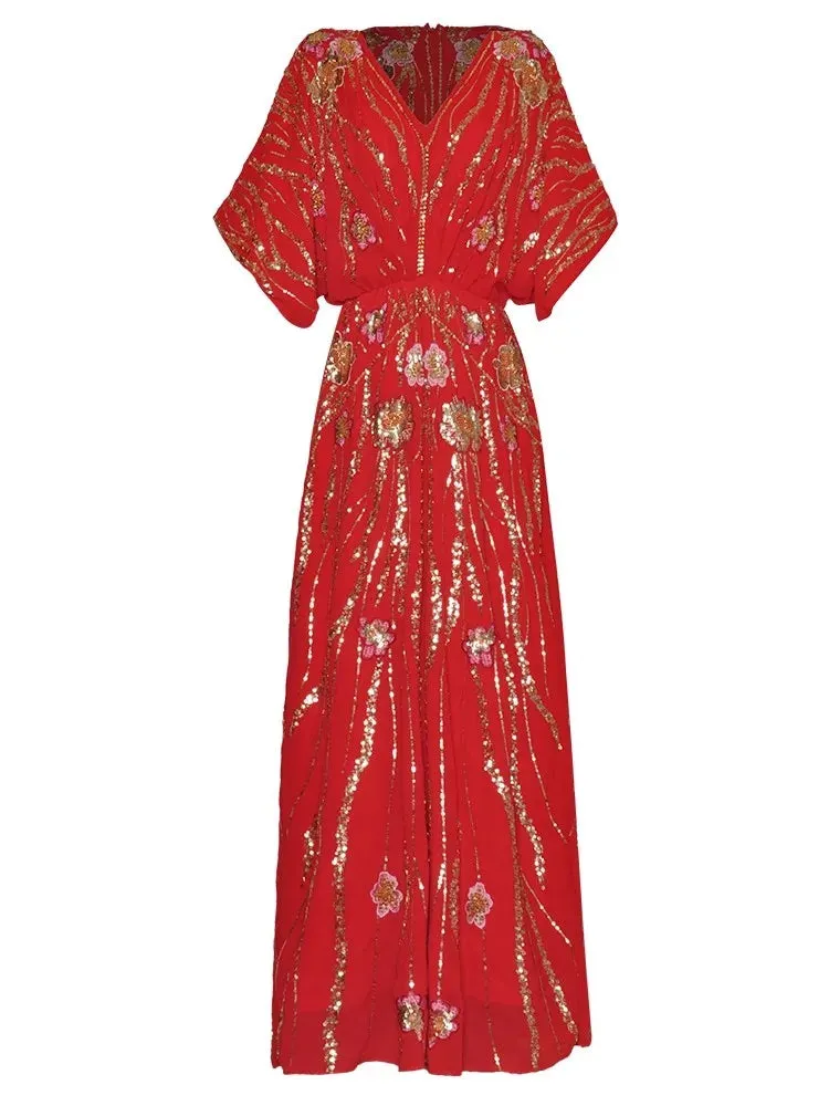 Antonella V-Neck Batwing Sleeve Sequins Embroidery Beading Vintage Evening Dress
