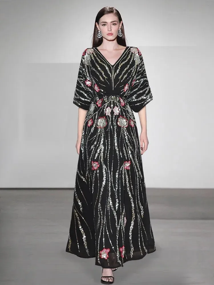 Antonella V-Neck Batwing Sleeve Sequins Embroidery Beading Vintage Evening Dress