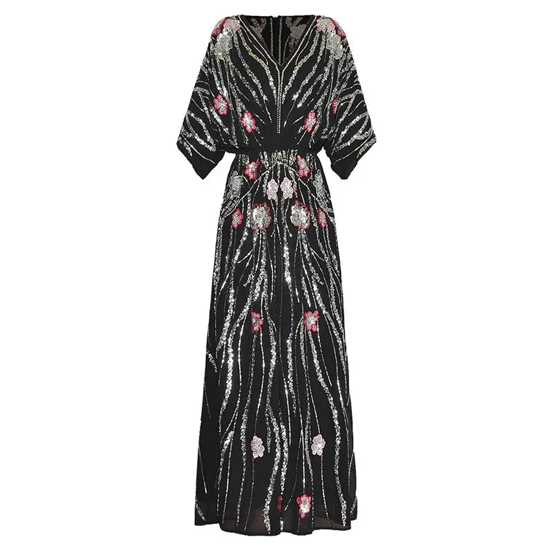Antonella V-Neck Batwing Sleeve Sequins Embroidery Beading Vintage Evening Dress