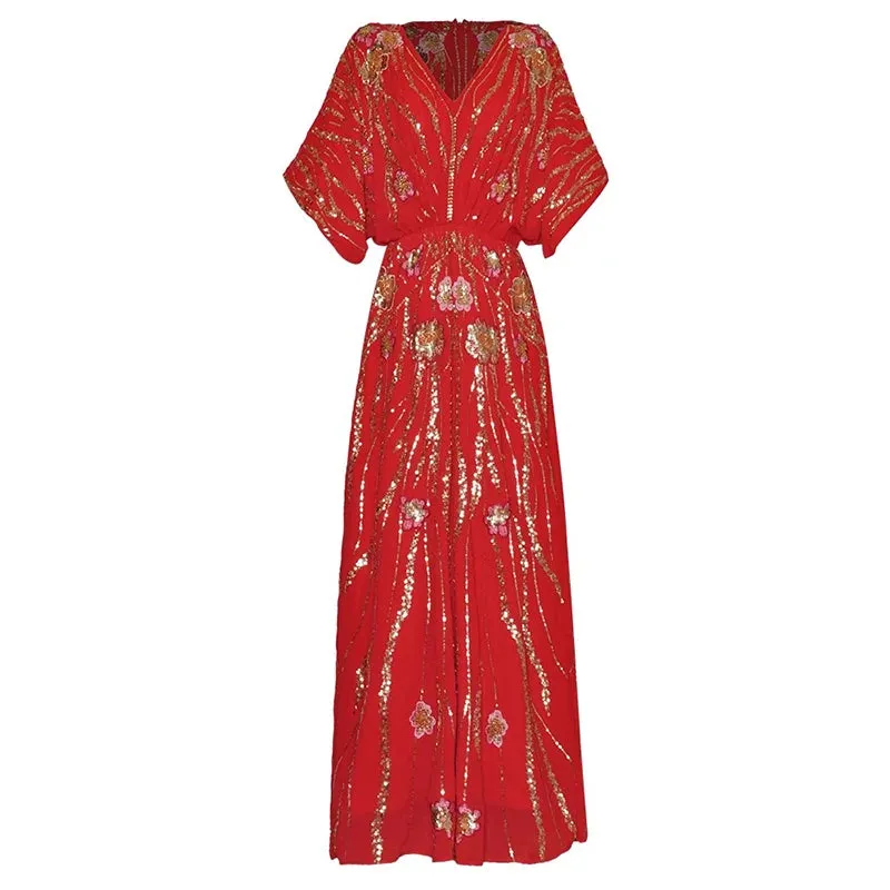Antonella V-Neck Batwing Sleeve Sequins Embroidery Beading Vintage Evening Dress
