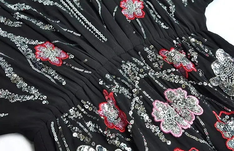 Antonella V-Neck Batwing Sleeve Sequins Embroidery Beading Vintage Evening Dress