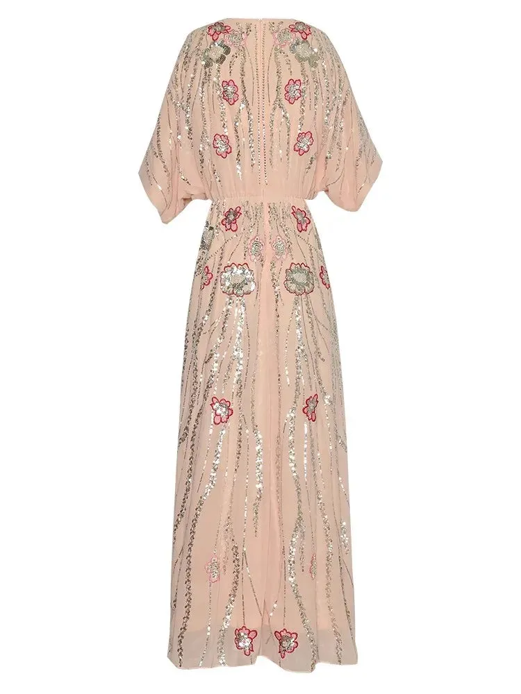 Antonella V-Neck Batwing Sleeve Sequins Embroidery Beading Vintage Evening Dress