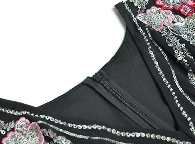 Antonella V-Neck Batwing Sleeve Sequins Embroidery Beading Vintage Evening Dress