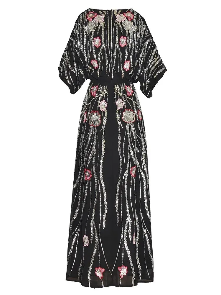 Antonella V-Neck Batwing Sleeve Sequins Embroidery Beading Vintage Evening Dress