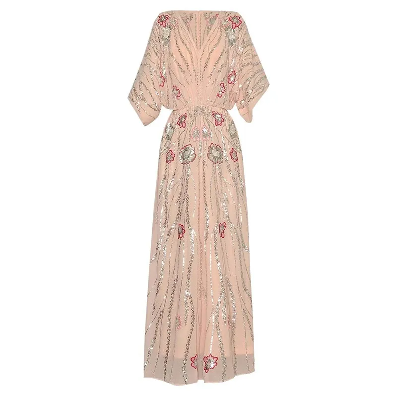Antonella V-Neck Batwing Sleeve Sequins Embroidery Beading Vintage Evening Dress
