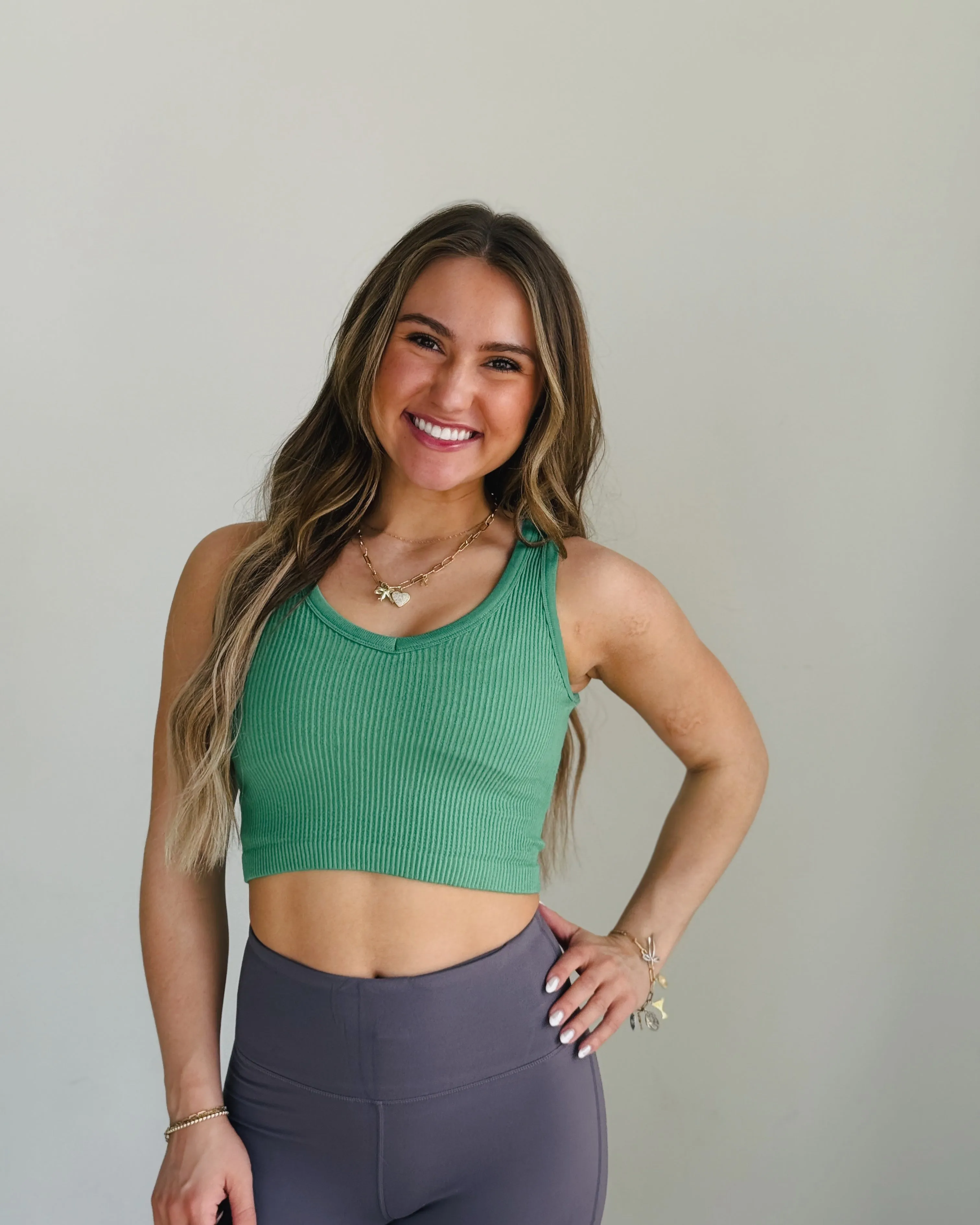 Apple Green Ribbed Seamless Cropped Tank Top