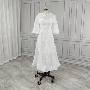 Appliques Lace Wedding Dress For Plus Size Women Modern Zipper Puffy Sleeve