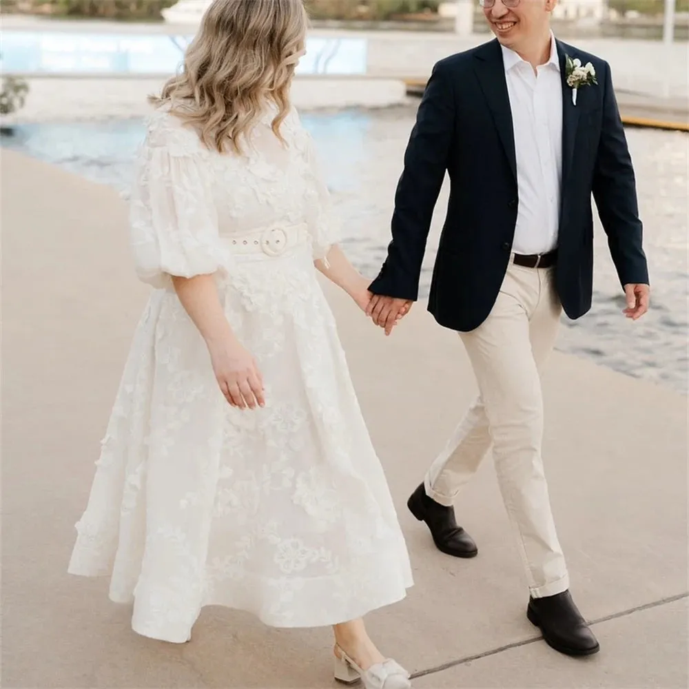 Appliques Lace Wedding Dress For Plus Size Women Modern Zipper Puffy Sleeve