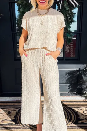 Apricot Metallic Lattice Textured Casual Two Piece Outfit