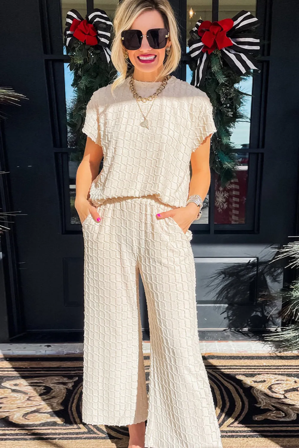 Apricot Metallic Lattice Textured Casual Two Piece Outfit