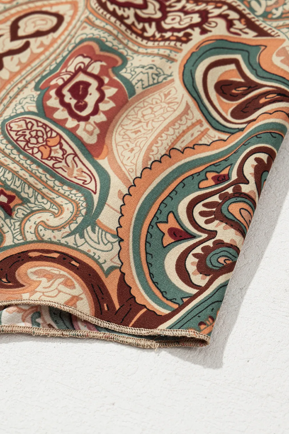 Apricot Paisley Printed Shirred Off Shoulder Ruffled Draped Sleeve Blouse