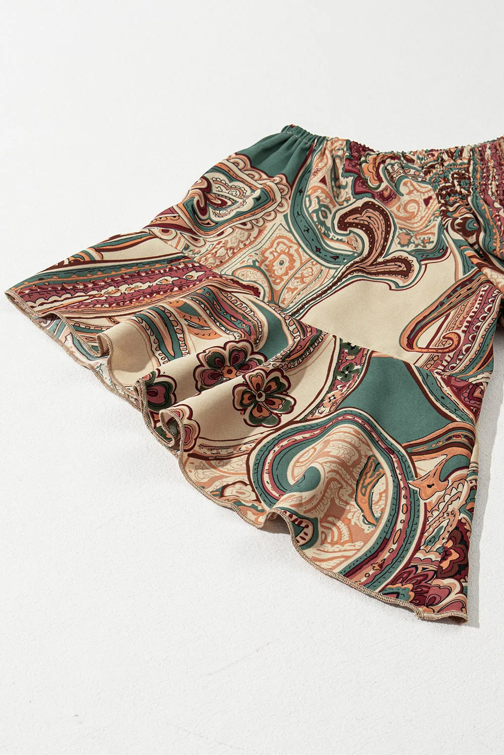 Apricot Paisley Printed Shirred Off Shoulder Ruffled Draped Sleeve Blouse