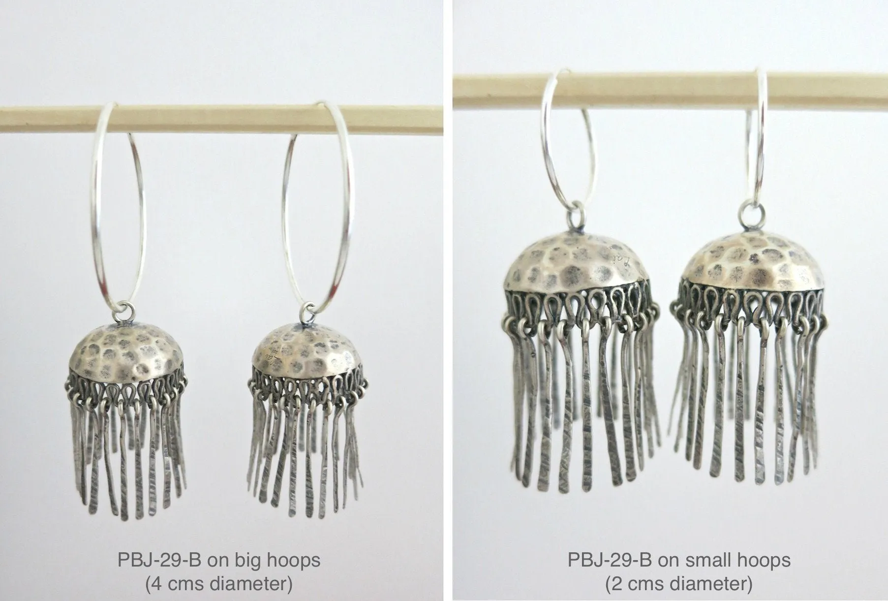 Artistic, bohemian, hammer-finish Jhumka bottoms with fringe