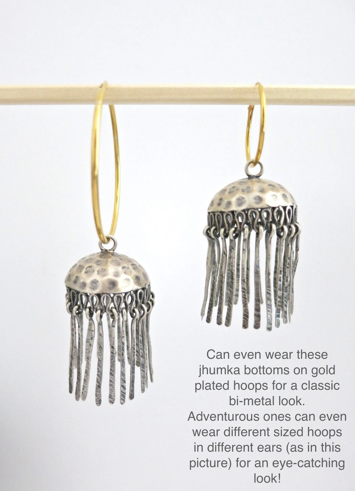 Artistic, bohemian, hammer-finish Jhumka bottoms with fringe
