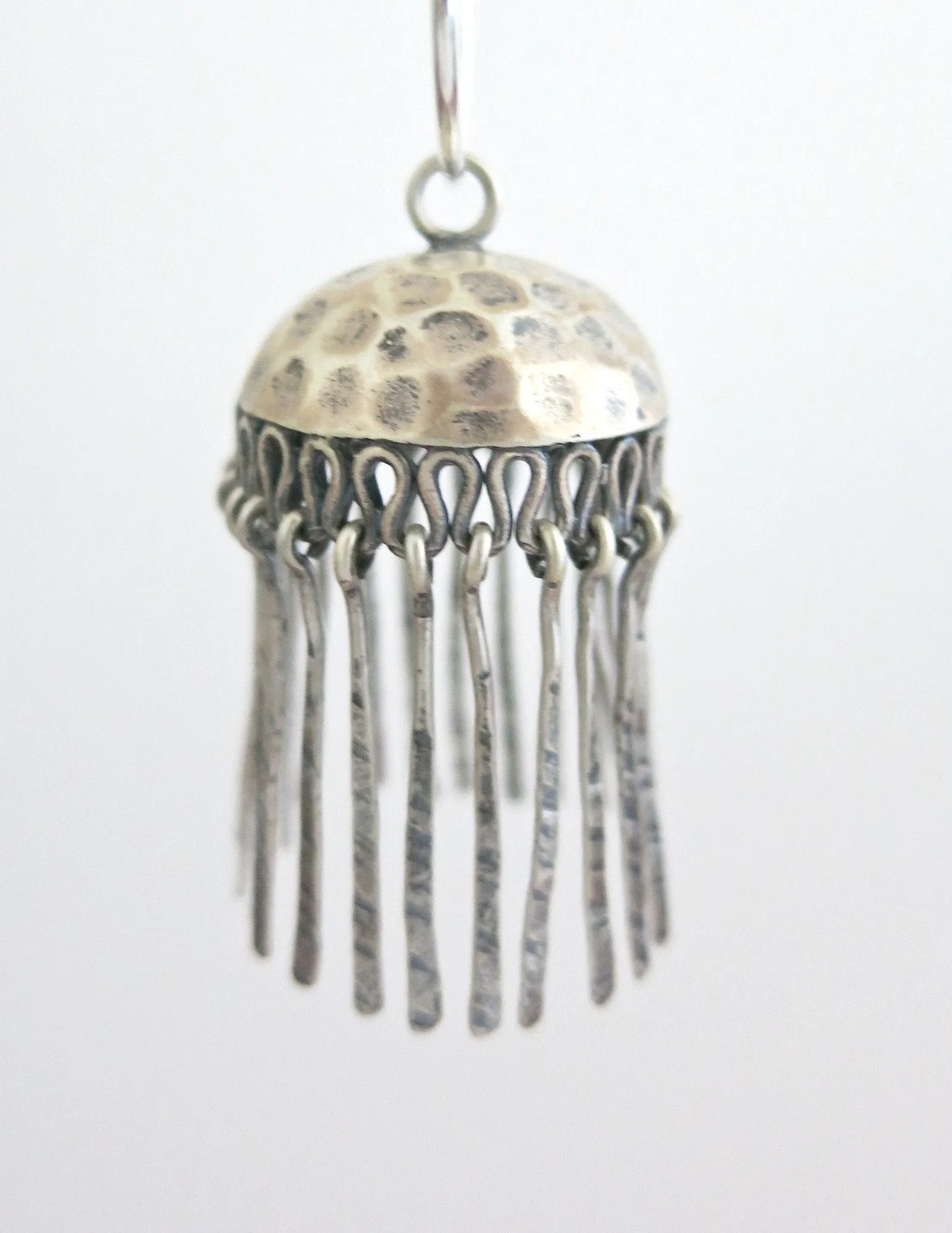 Artistic, bohemian, hammer-finish Jhumka bottoms with fringe