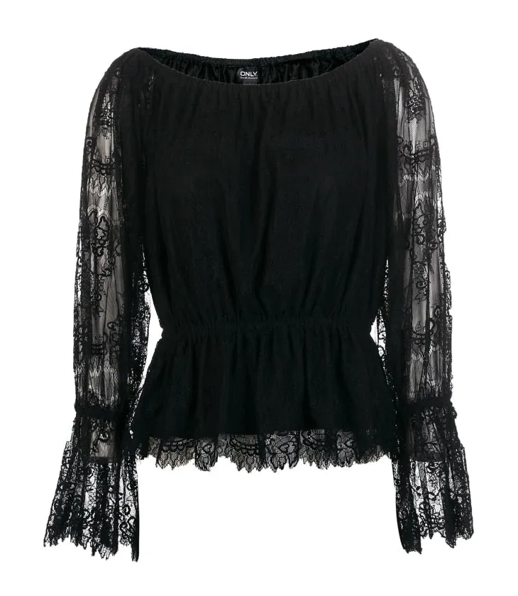 Autumn and Winter New Lace Shoulder Horn Sleeve T-shirt