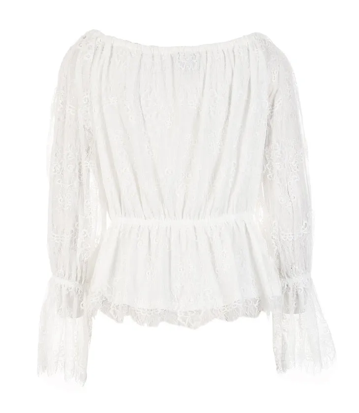 Autumn and Winter New Lace Shoulder Horn Sleeve T-shirt
