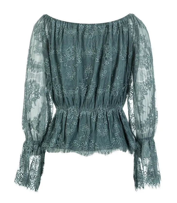 Autumn and Winter New Lace Shoulder Horn Sleeve T-shirt