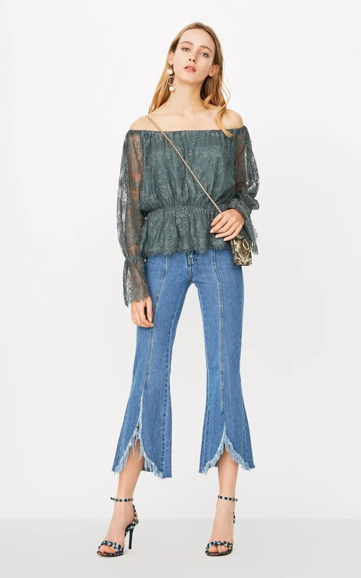 Autumn and Winter New Lace Shoulder Horn Sleeve T-shirt