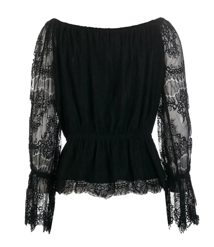 Autumn and Winter New Lace Shoulder Horn Sleeve T-shirt