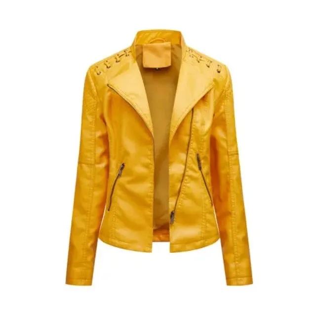Avant-garde women's PU jacket with lapel and zipper