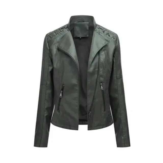 Avant-garde women's PU jacket with lapel and zipper