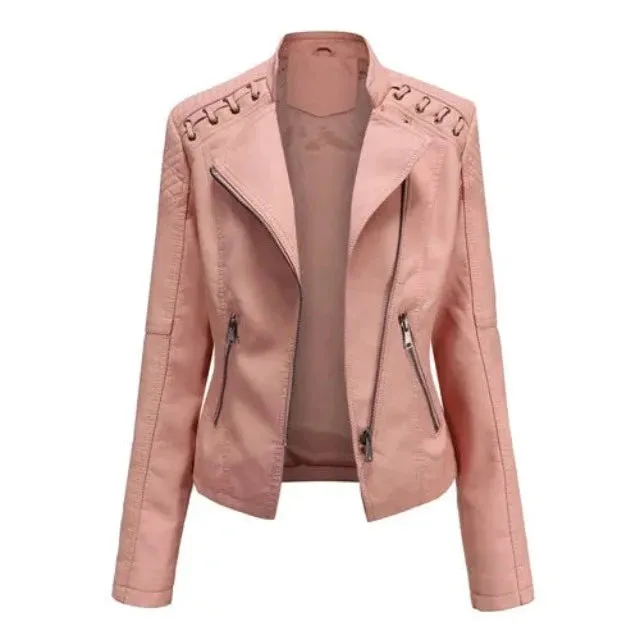 Avant-garde women's PU jacket with lapel and zipper