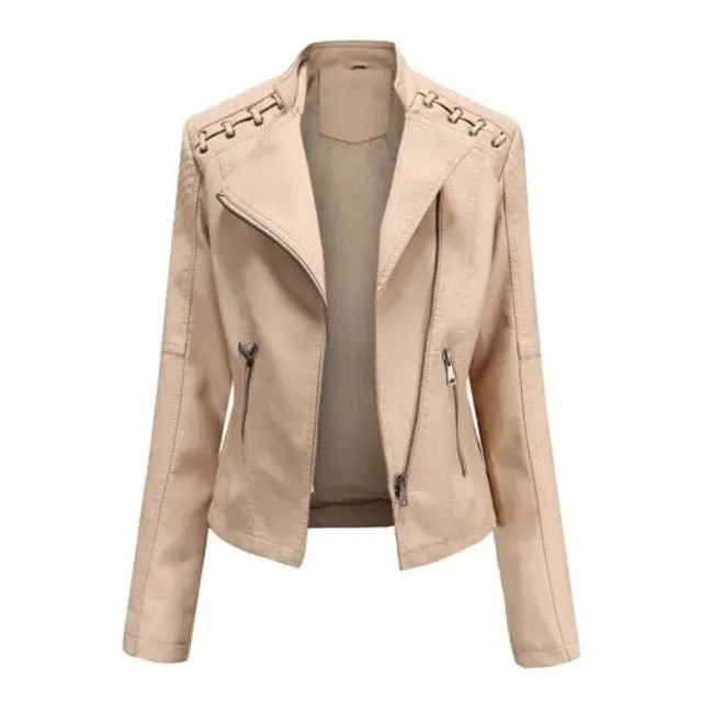 Avant-garde women's PU jacket with lapel and zipper