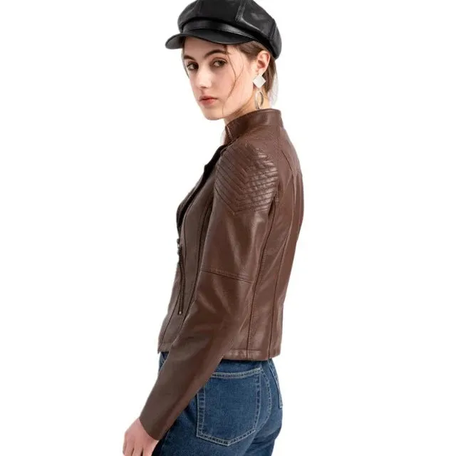 Avant-garde women's PU jacket with lapel and zipper