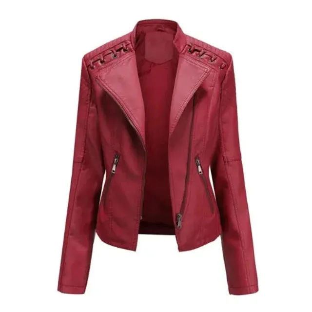 Avant-garde women's PU jacket with lapel and zipper