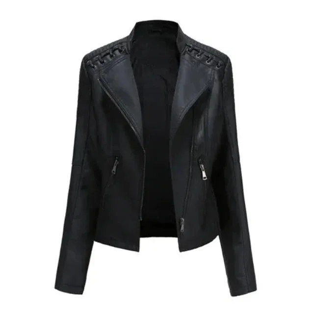 Avant-garde women's PU jacket with lapel and zipper