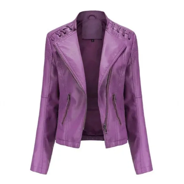 Avant-garde women's PU jacket with lapel and zipper