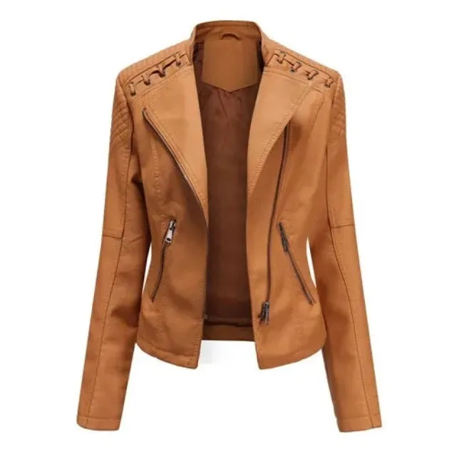 Avant-garde women's PU jacket with lapel and zipper