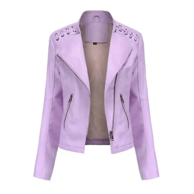 Avant-garde women's PU jacket with lapel and zipper
