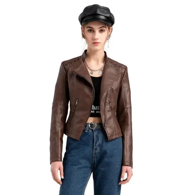 Avant-garde women's PU jacket with lapel and zipper