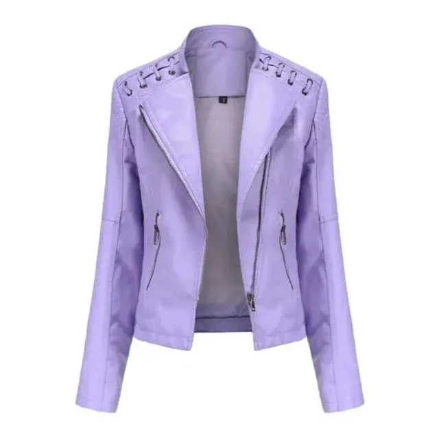Avant-garde women's PU jacket with lapel and zipper